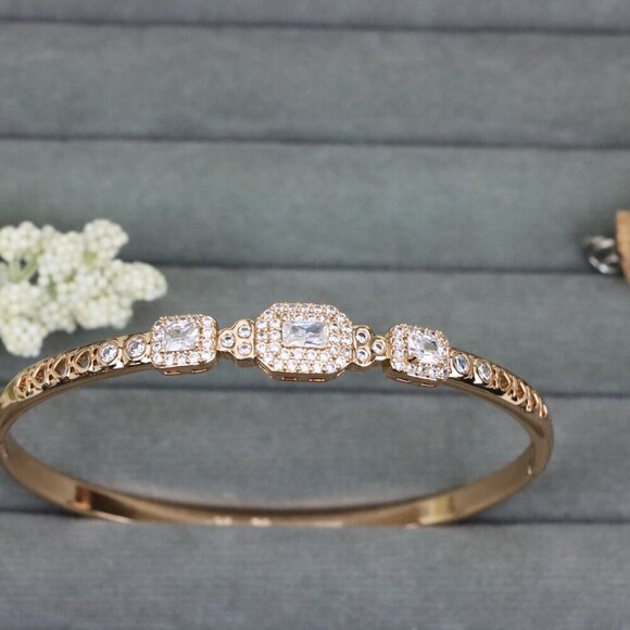 Elegant Rose Gold Bangle with Rectangle and Round Stone Design, XPBL0518 - Picture 10 of 12